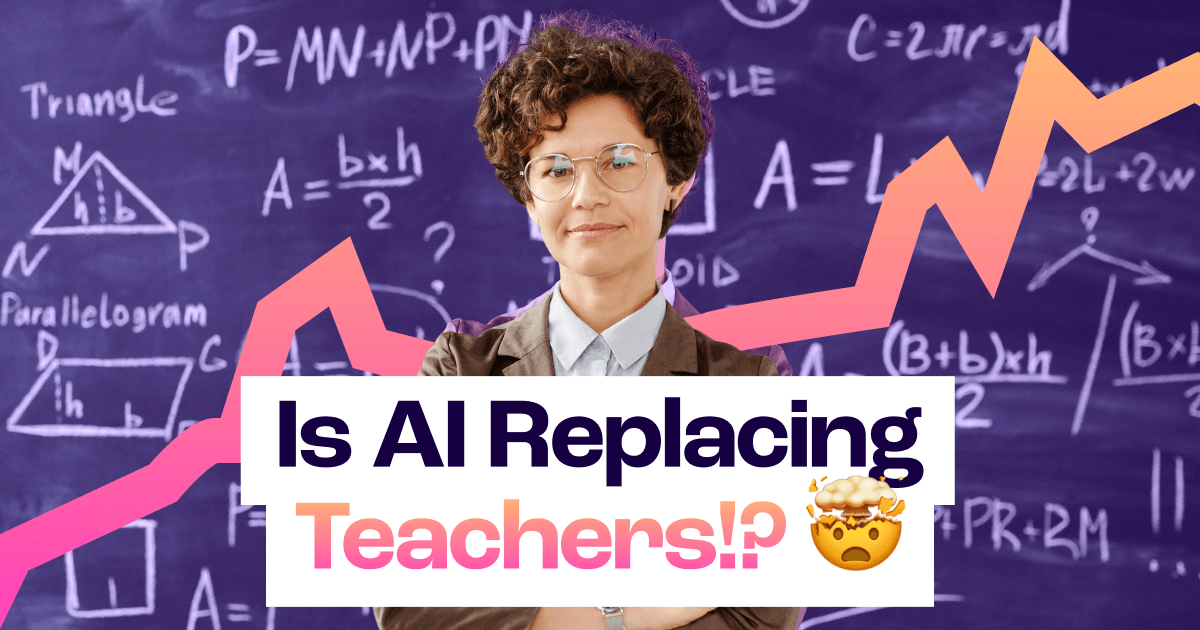 teacher in front of a chalk board with the writing "is AI replacing teachers?"