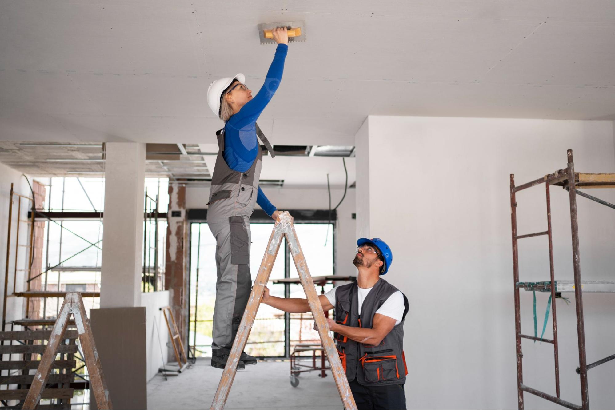 Two construction workers painting the ceiling.