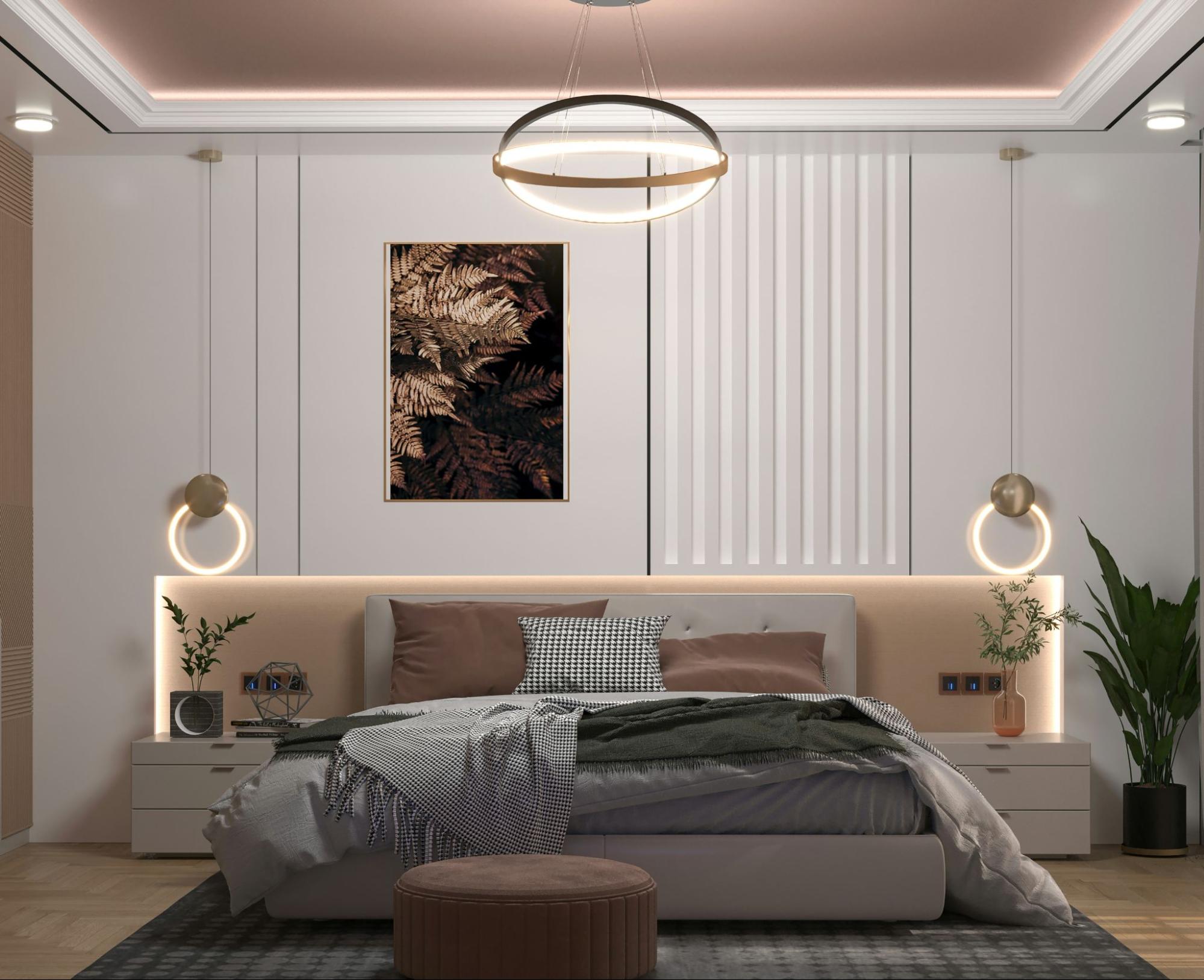 A luxurious bedroom with accent lighting and wall paneling.