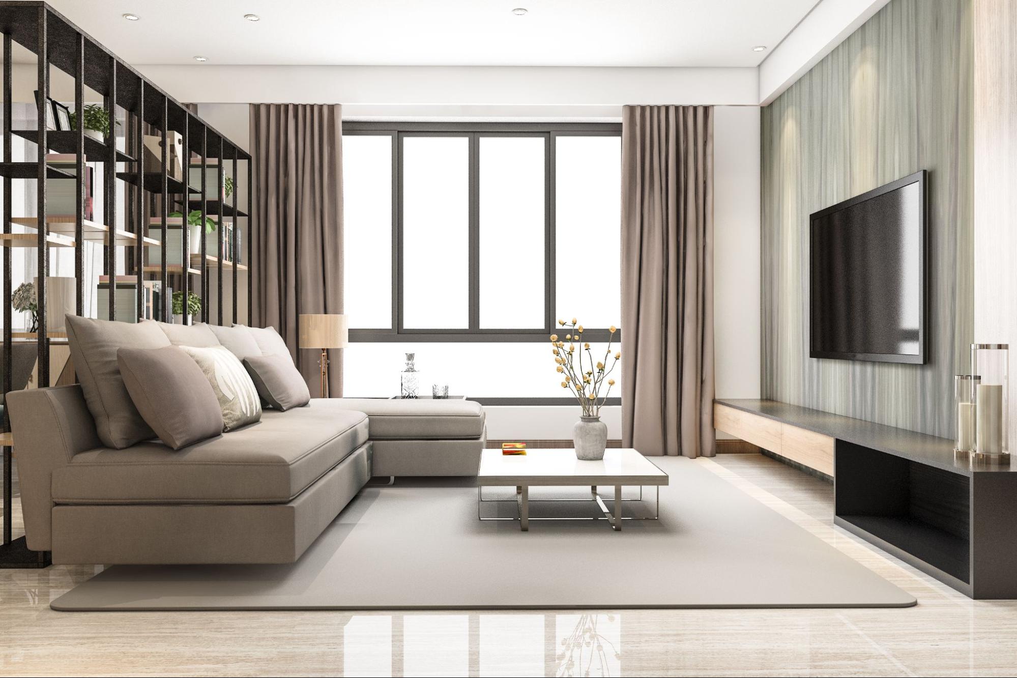 A luxury living room with a TV, sofas, hair, and a bookshelf.