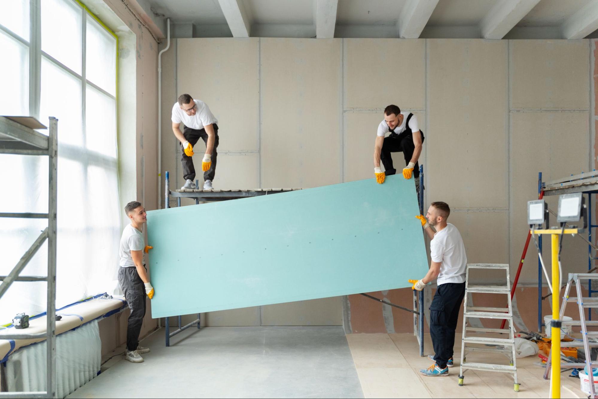 Professionals working on a home remodel project, carrying a huge wall panel.