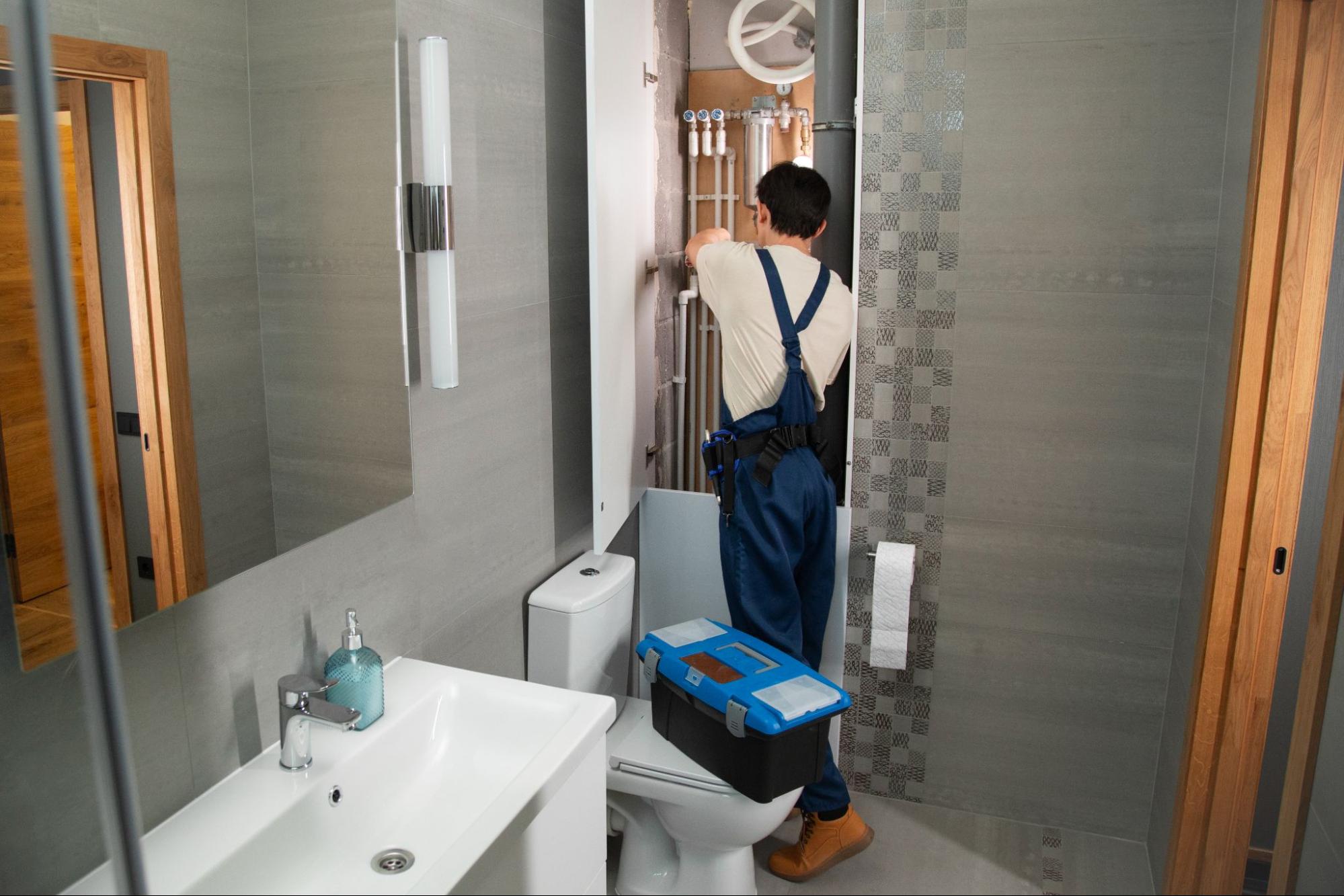 Plumber working to fix bathroom pipes for a client.