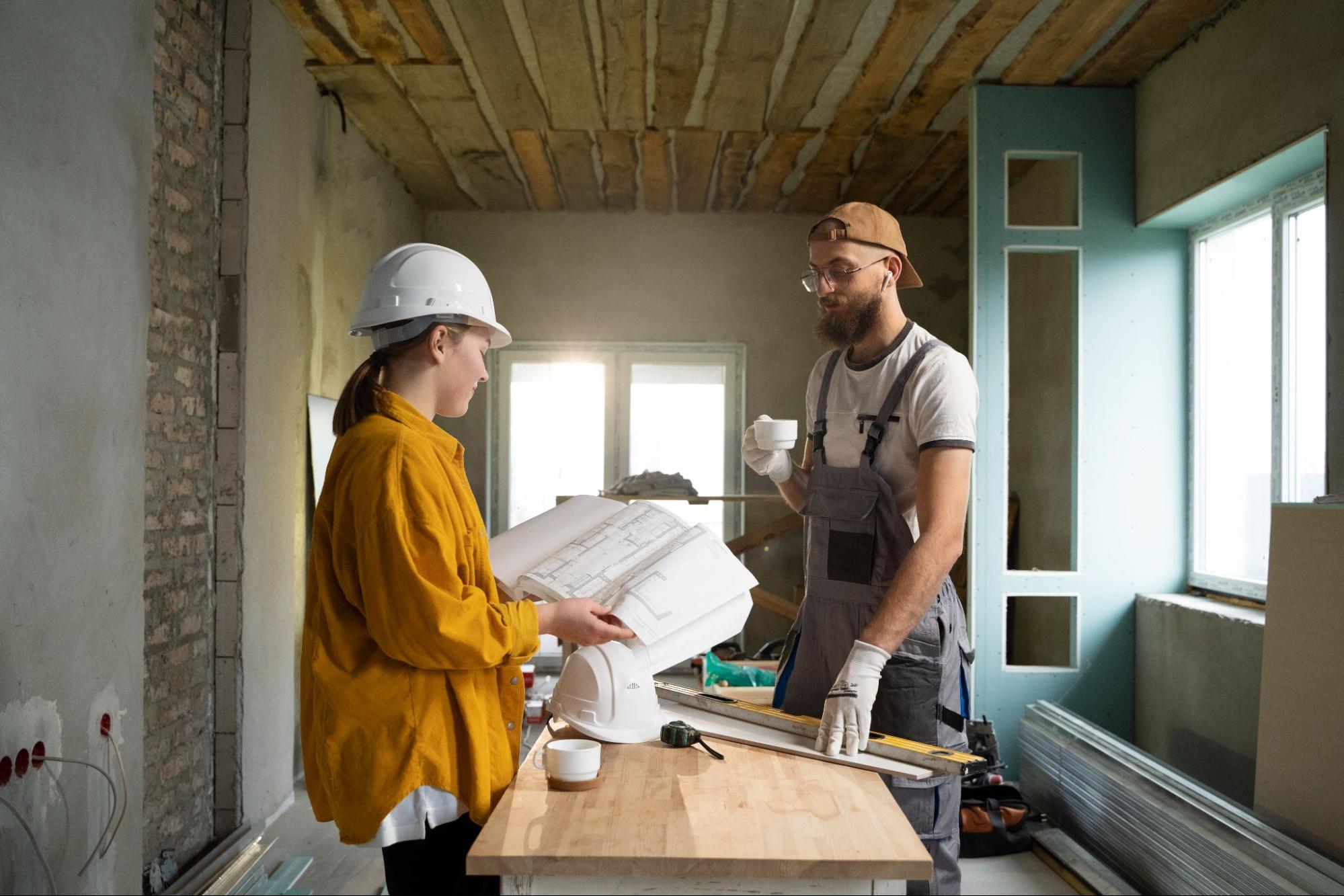 Two contractors looking at interior home renovation plans.