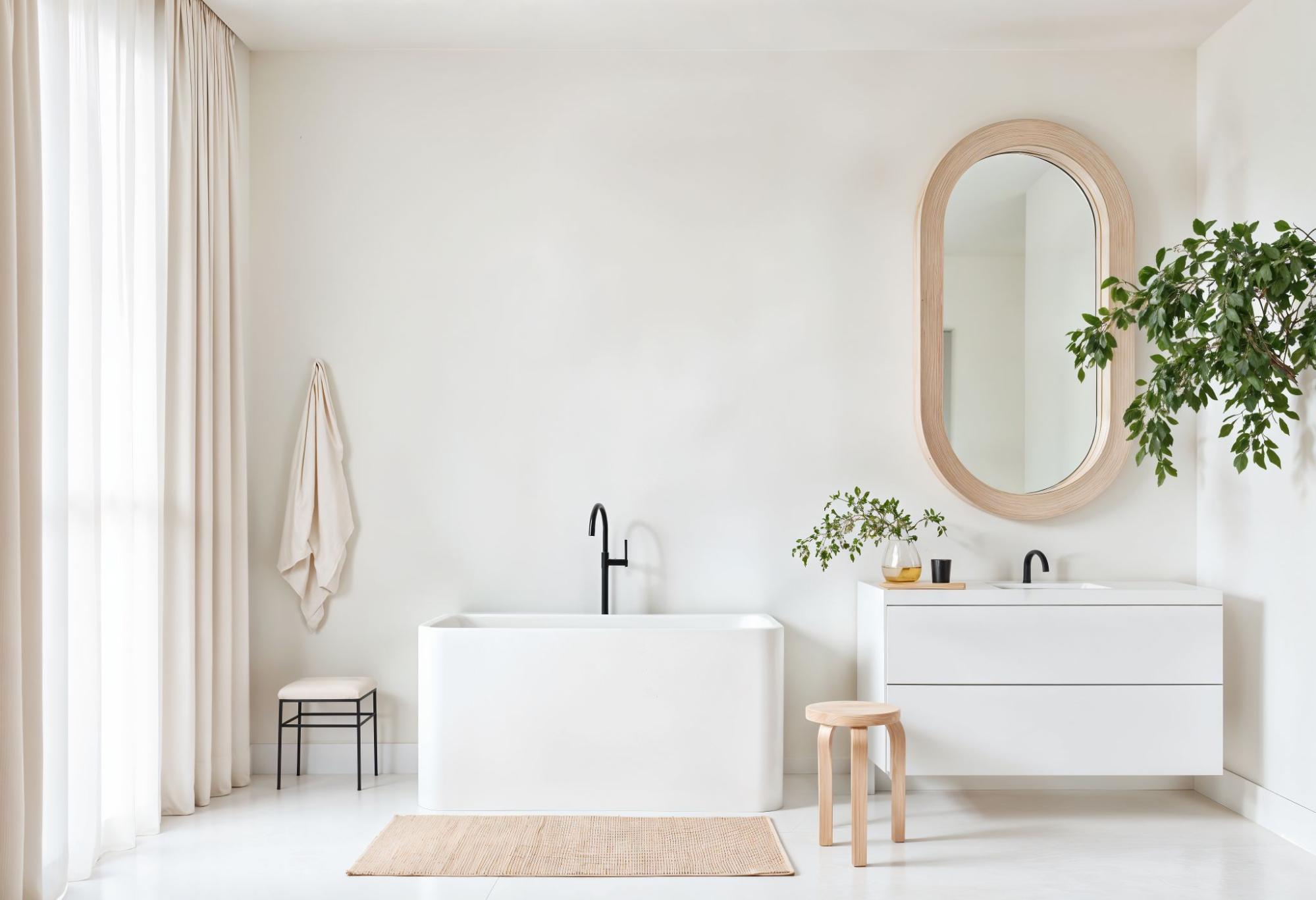 An all-white, newly renovated bathroom with minimal interior.