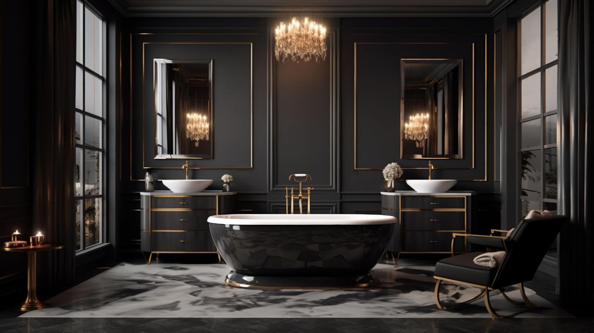 A luxurious bathroom with black paint and finishing.