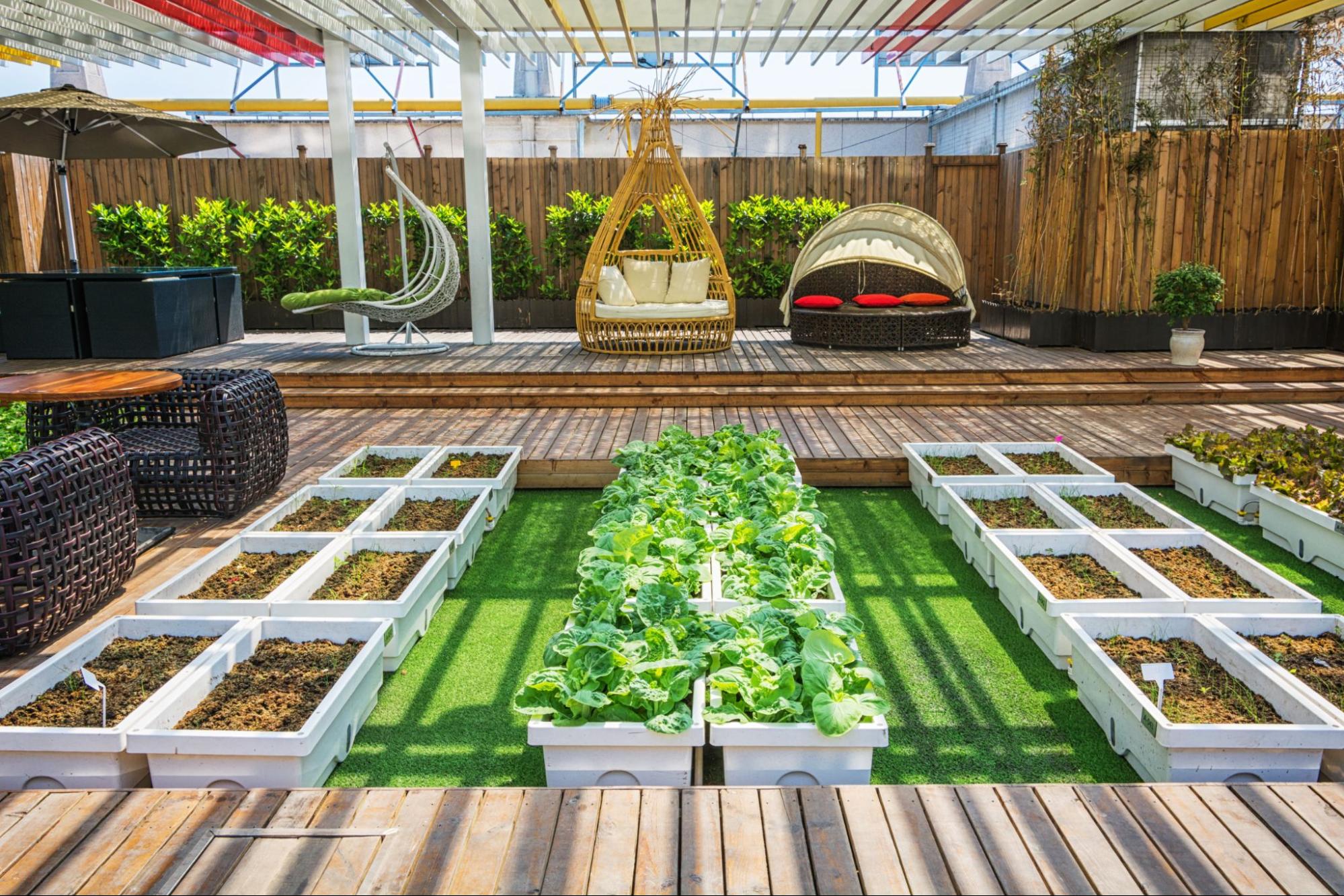 Covered garden with plants and outdoor furniture.