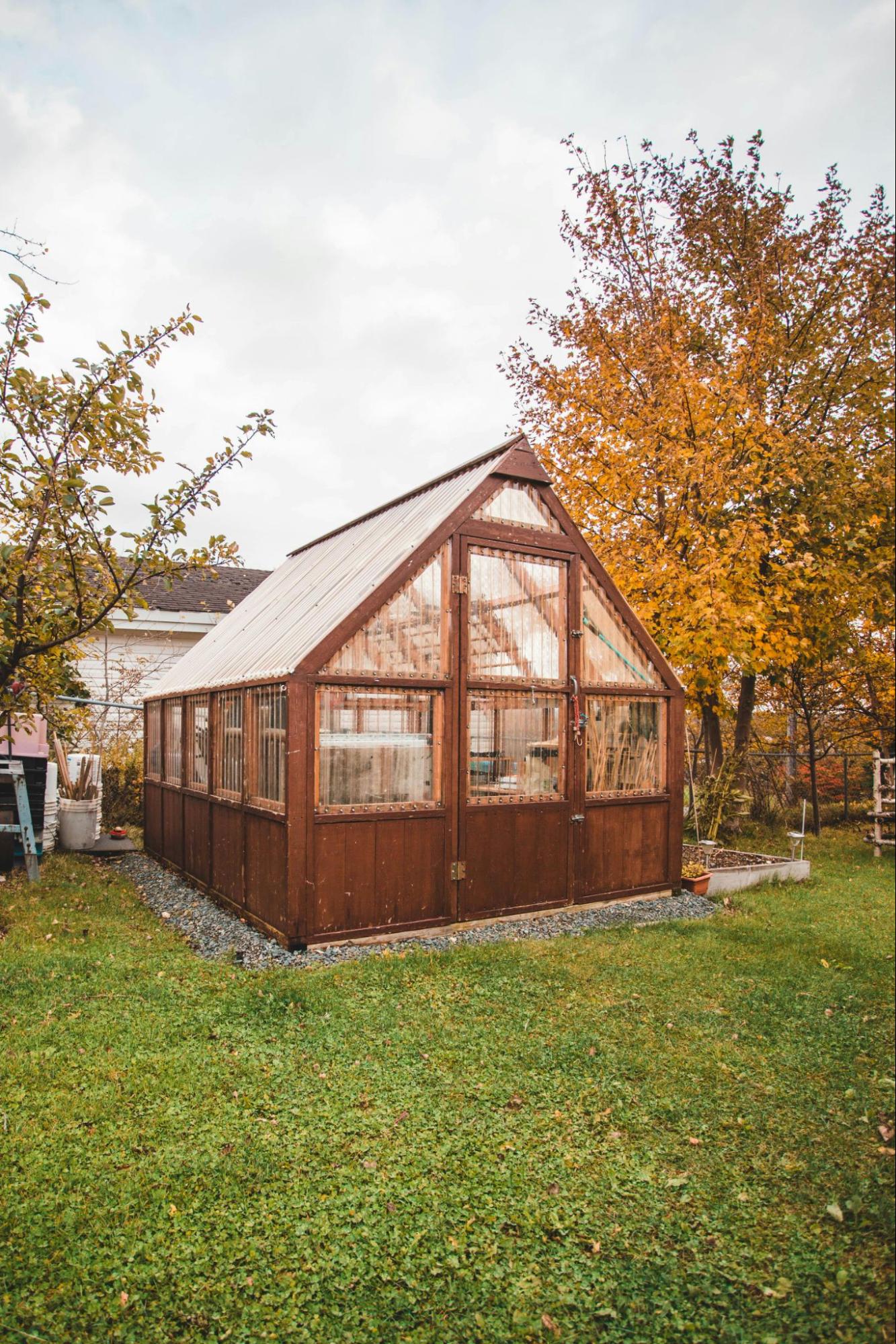A small and modern garden shed during the autumn season.