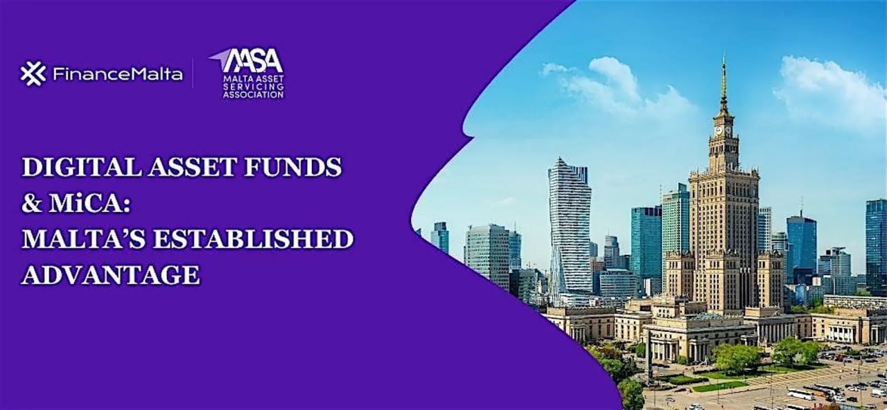 Digital Asset Funds and MiCA Malta's Established Advantage event artwork featuring FinanceMalta, MASA and the Warsaw skyline.