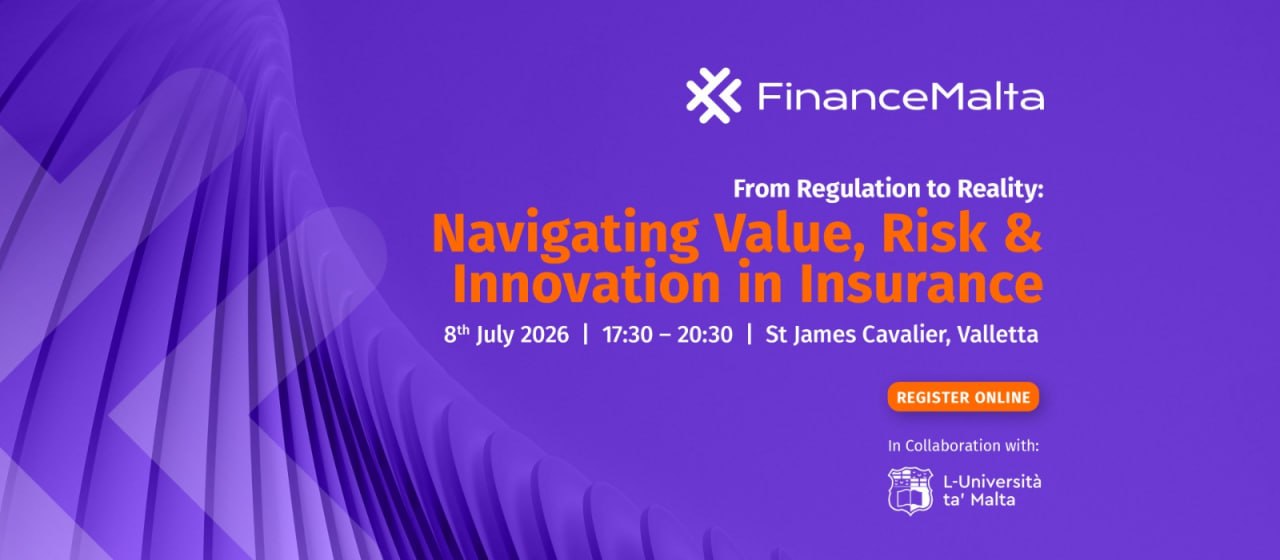 FinanceMalta insurance event banner for From Regulation to Reality at St James Cavalier.