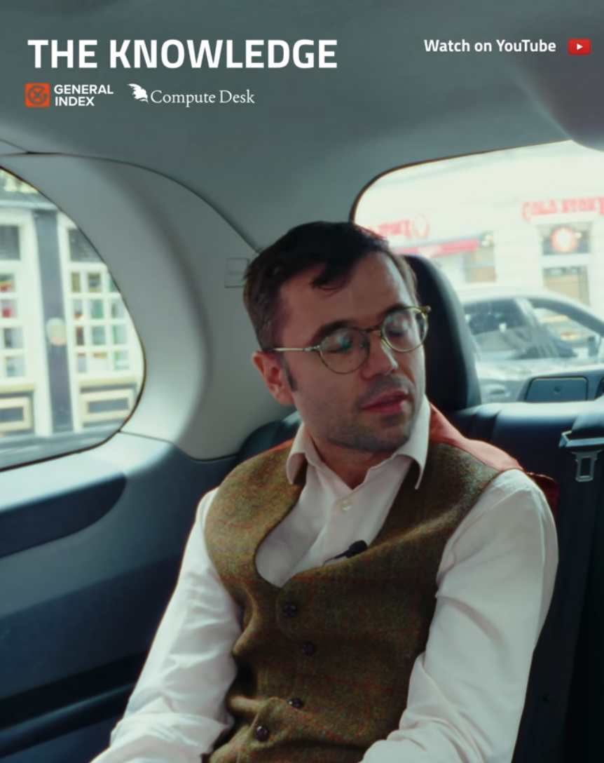 The Knowledge: David Lopez Mateos in a London taxi, with General Index and Compute Desk branding
