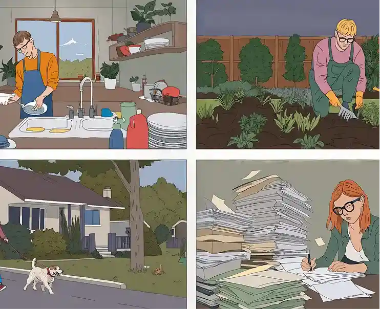 Four illustrated scenes showing household activities including washing dishes, gardening, walking a dog outside, and managing paperwork at a desk.