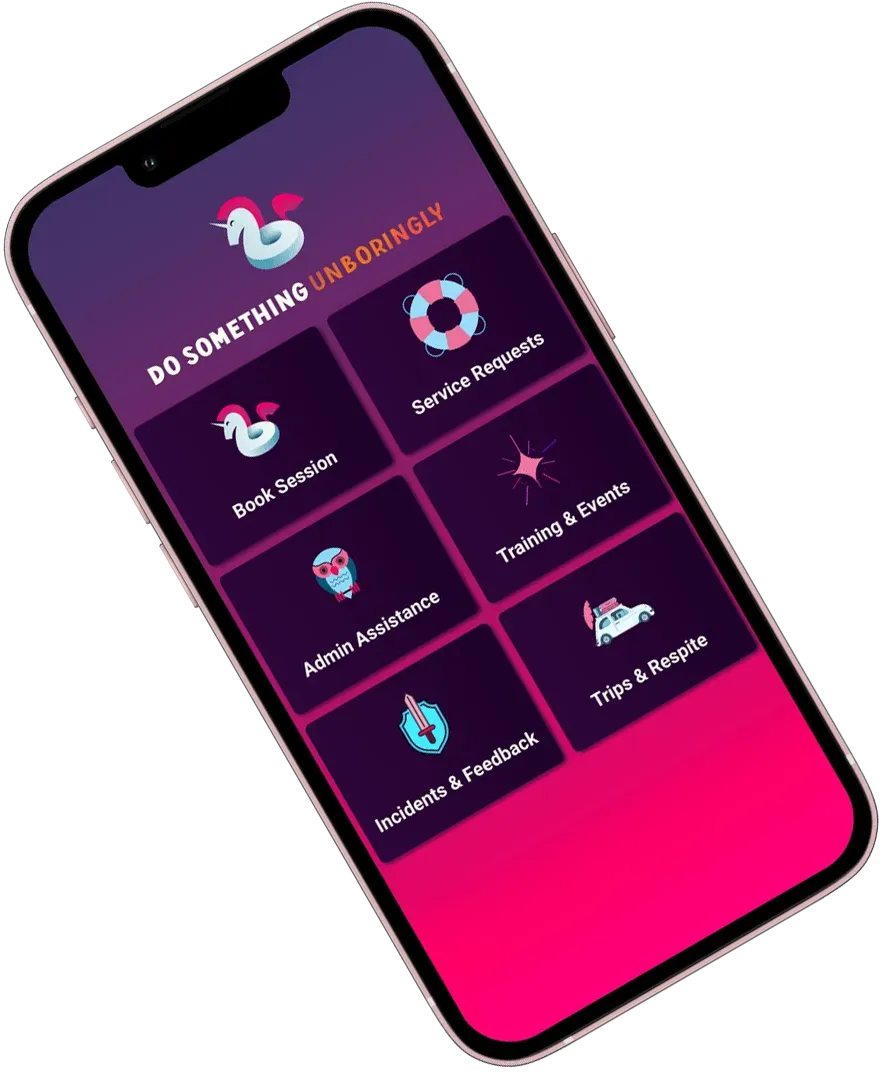 Mobile app screen titled Do Something Unboringly with buttons for sessions, service, training, trips, admin, and feedback.
