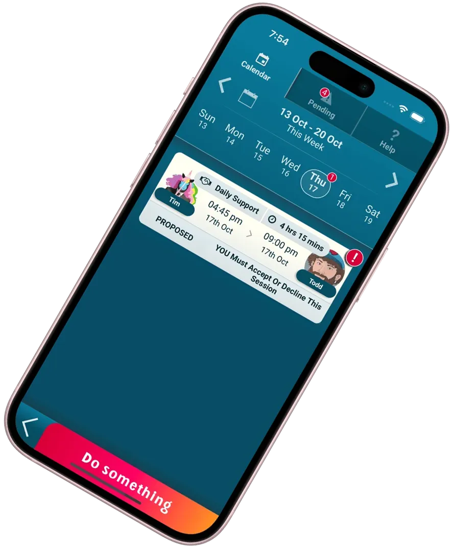Smartphone displaying calendar app with pending daily support session proposed for Oct 17 from 4:45 pm to 9 pm.
