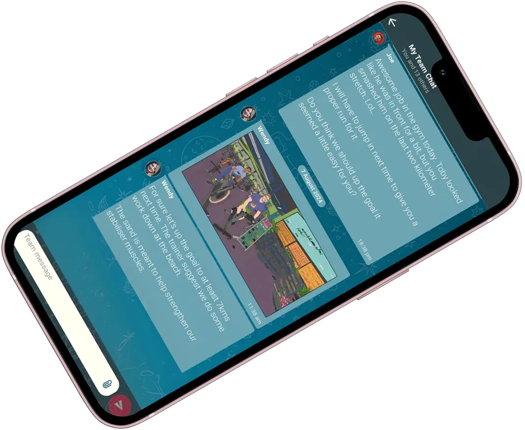 Smartphone showing a team chat with messages about gym and running goals with a shared photo.