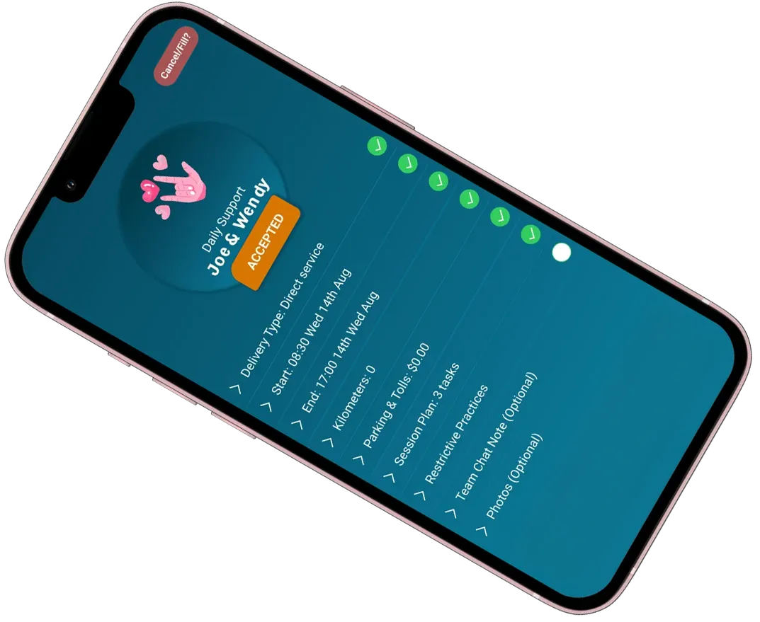 Smartphone screen showing accepted daily support task for Joe & Wendy with schedule and details.