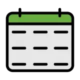 Icon of a calendar with a green header and black date lines on a white background.