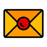 Orange envelope with a red wax seal and black telephone icon on black background.