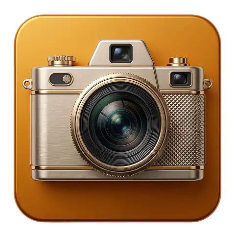 A camera with a gold background.