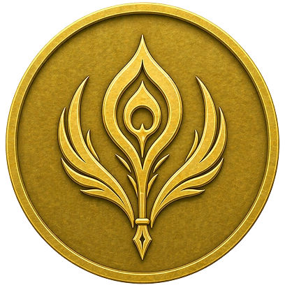 A gold medallion with a stylized design on it.