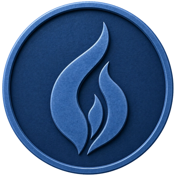 A blue circular logo with a flame on it.