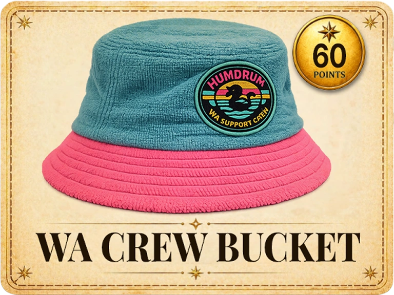 A blue and pink bucket hat with the words wa crew bucket on it.