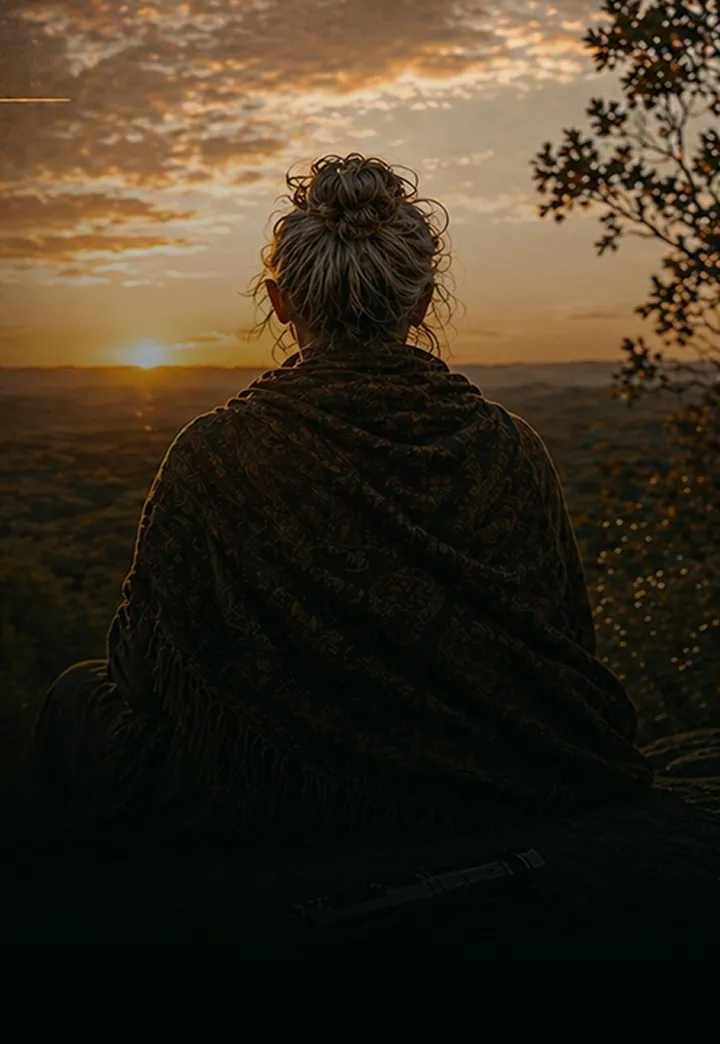 A woman sitting on top of a hill watching the sunset.