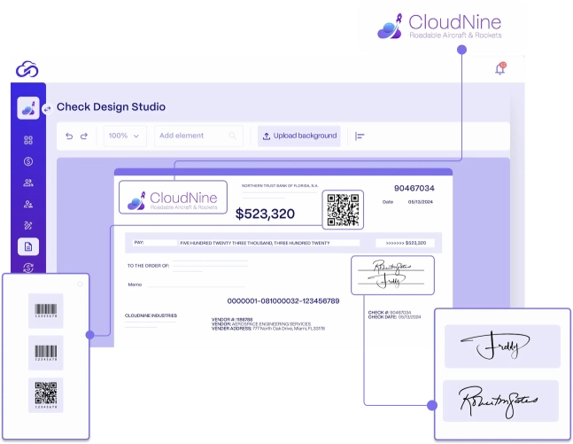 With check design studio you can add branding, signatures, QR codes and more