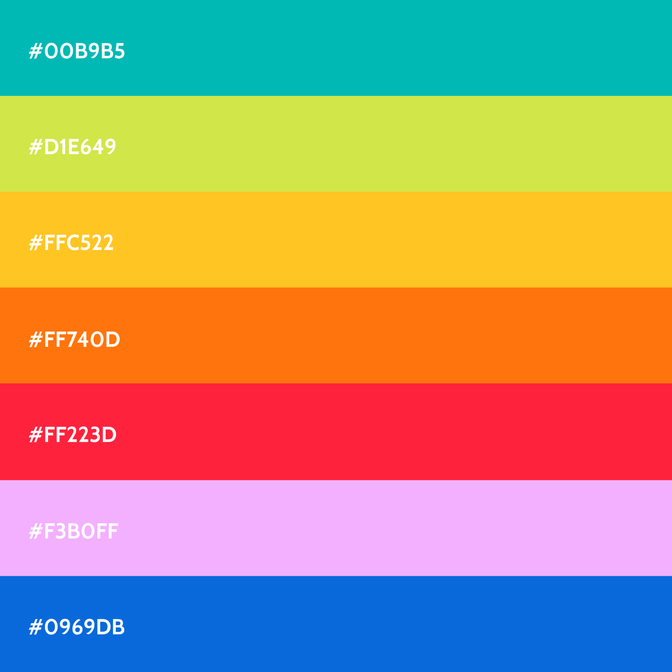 Bloom color palette grid displaying six brand colors with hex codes on bold color blocks.
