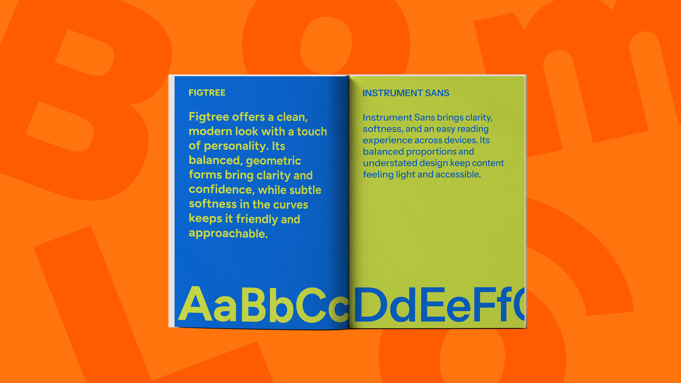 Typography spread showing the Figtree and Instrument Sans typefaces with brand descriptions and sample alphabet sets.
