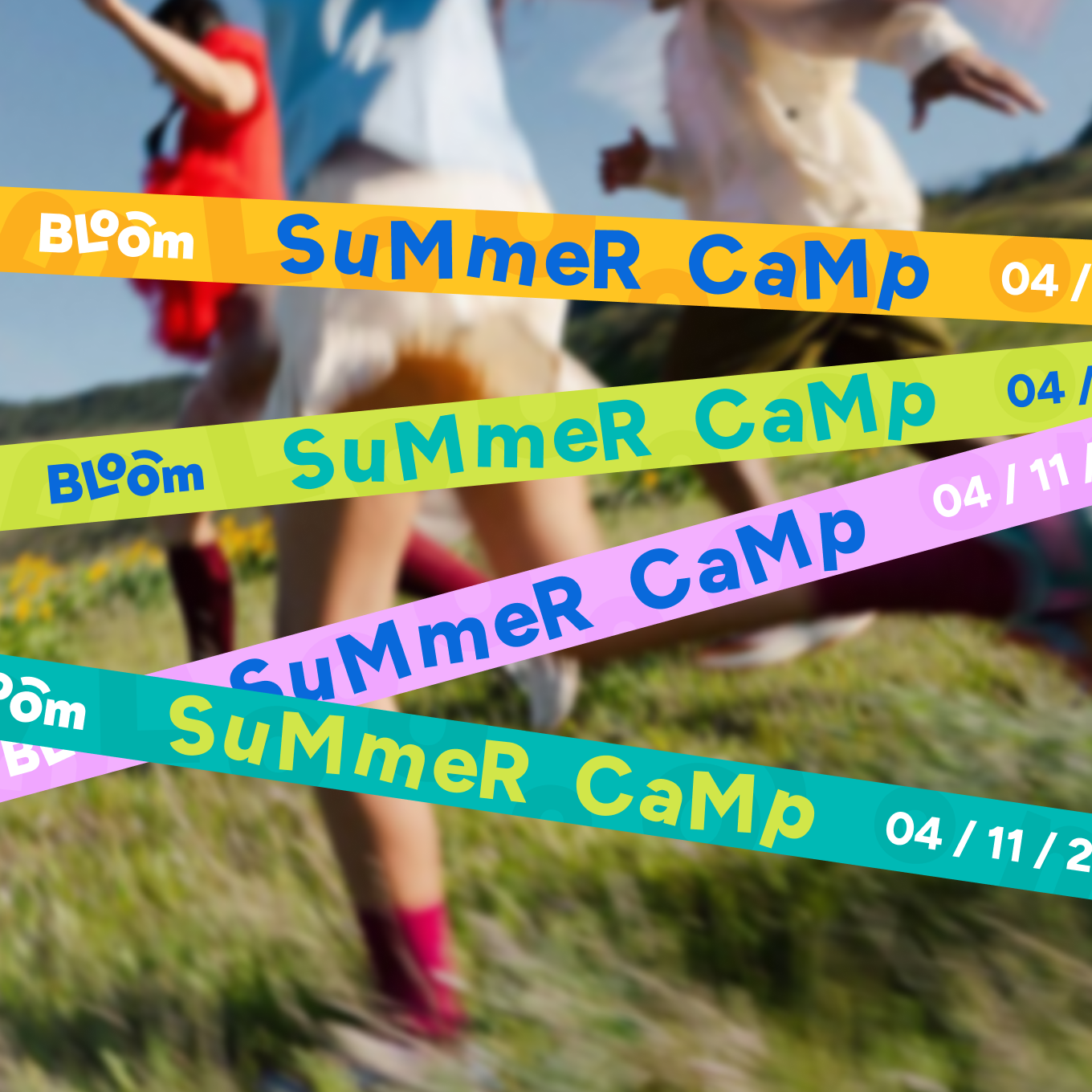 Colorful Bloom-branded wristbands labeled ‘Summer Camp’ with event dates.
