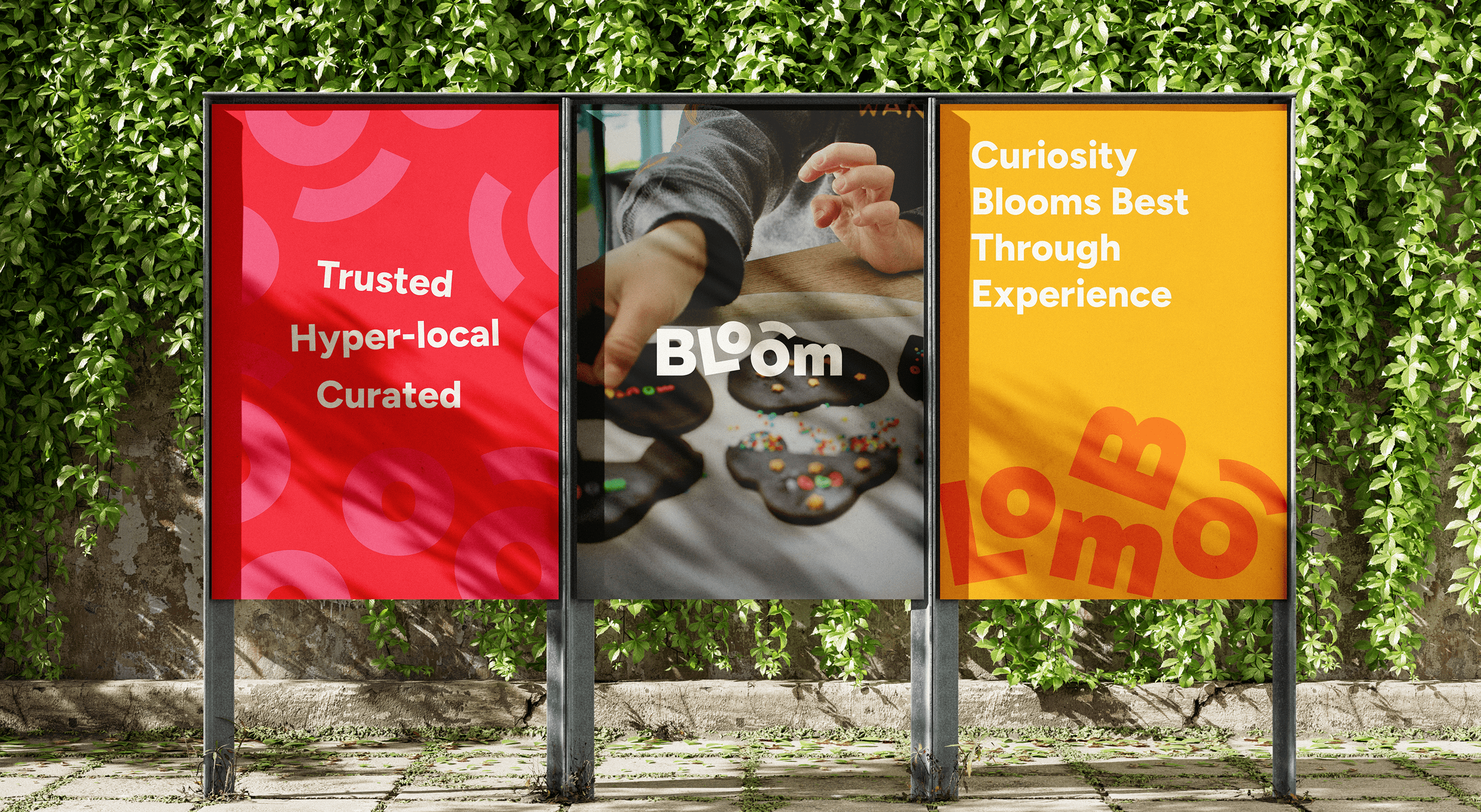 Three side-by-side posters showing Bloom’s visual language with text-led messages and lifestyle imagery.
