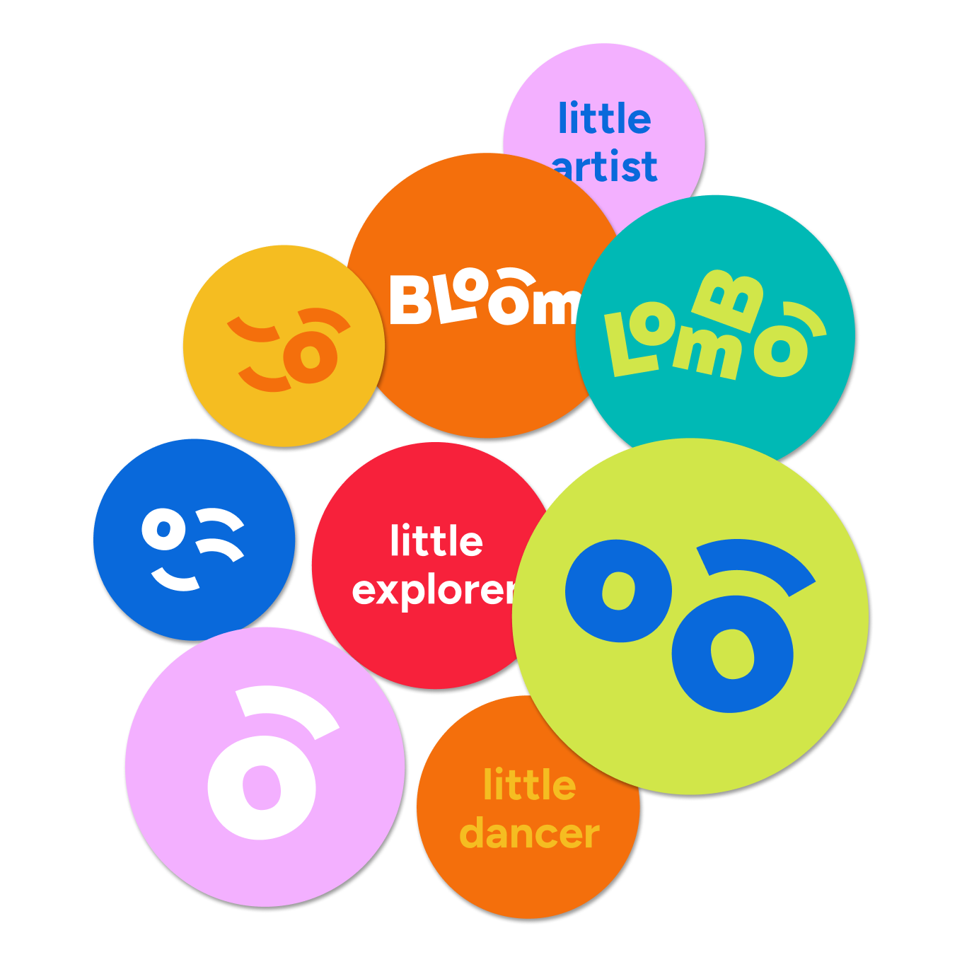 A set of circular Bloom character badges labeled Little Artist, Little Explorer, Little Dancer, and other playful identities.