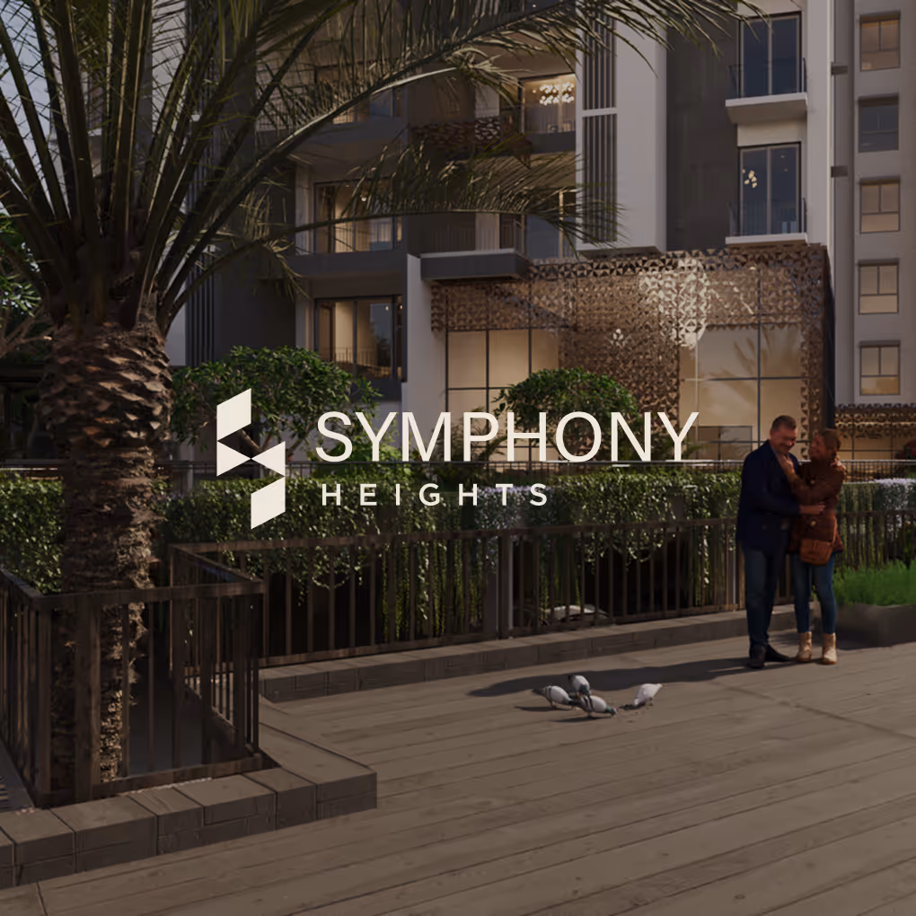 Elevated walkway scene featuring Symphony Heights logo