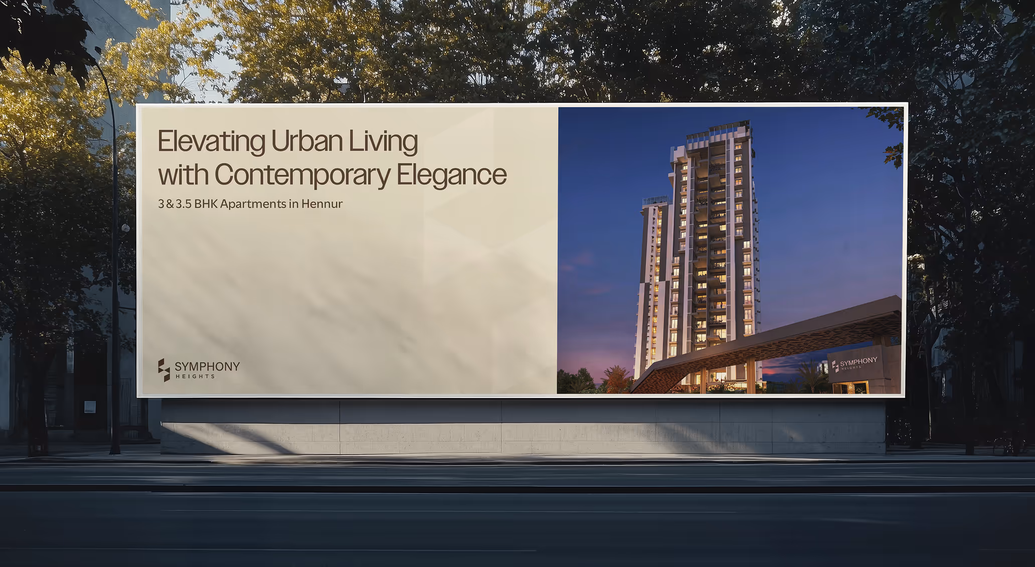 Large roadside hoarding promoting Symphony Heights with tower render and message highlighting contemporary urban living.