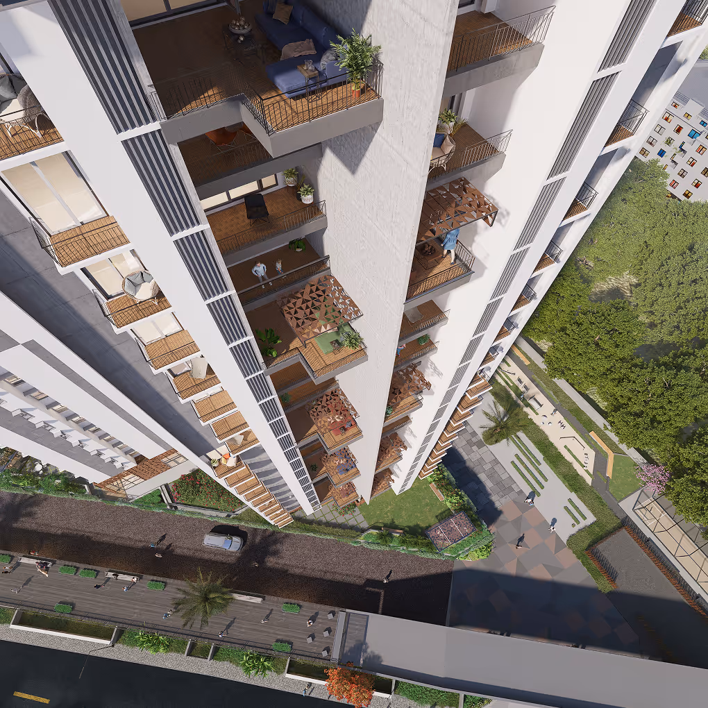 Top-down aerial render of Symphony Heights showing cascading balconies and landscaped podium areas.