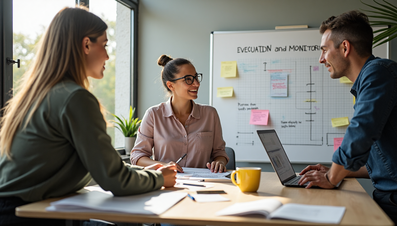 Three professionals review project execution chart by whiteboard