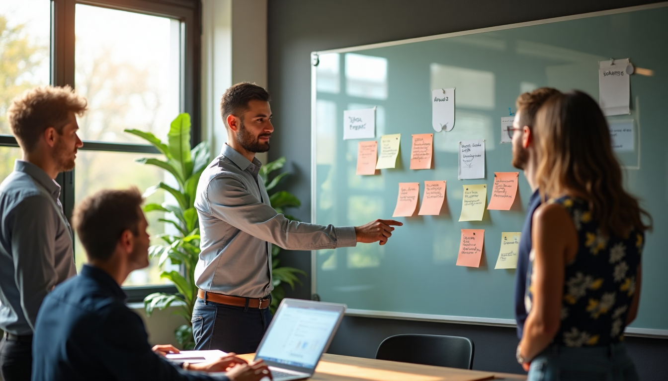 Team reviews checklist on glass whiteboard and laptop