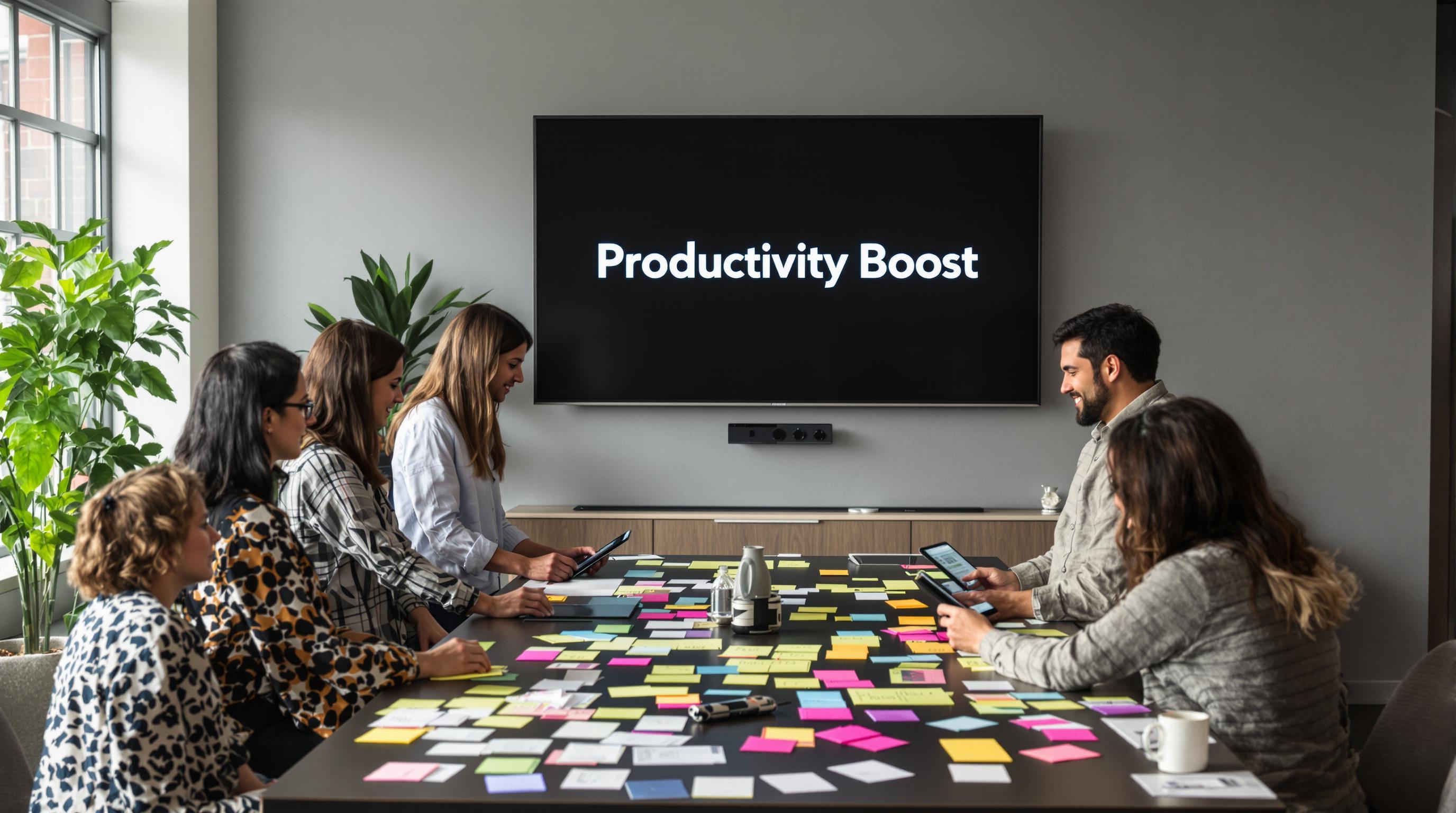 Team organizes tasks in office with productivity boost displayed
