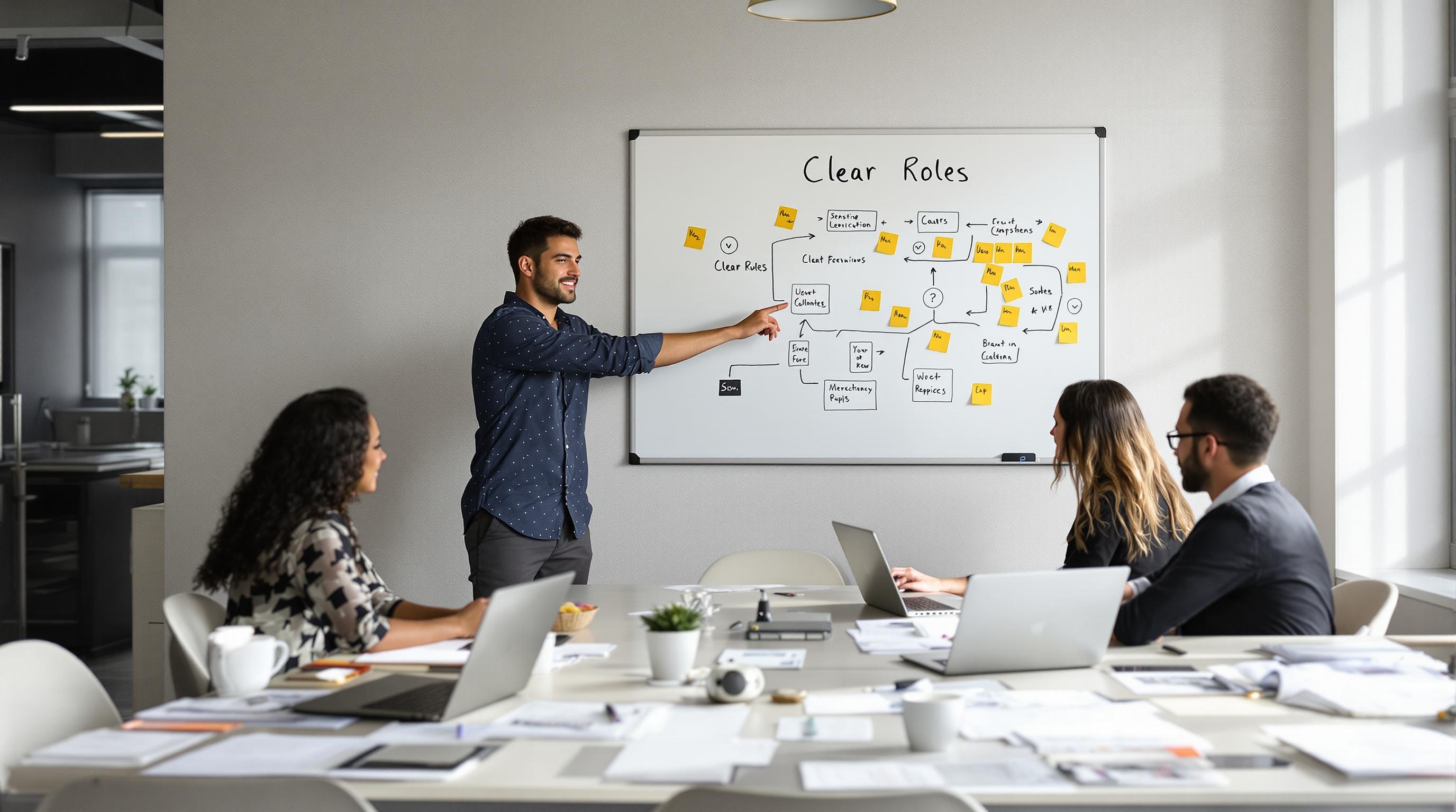 Team discussing workflow template with clear roles on whiteboard