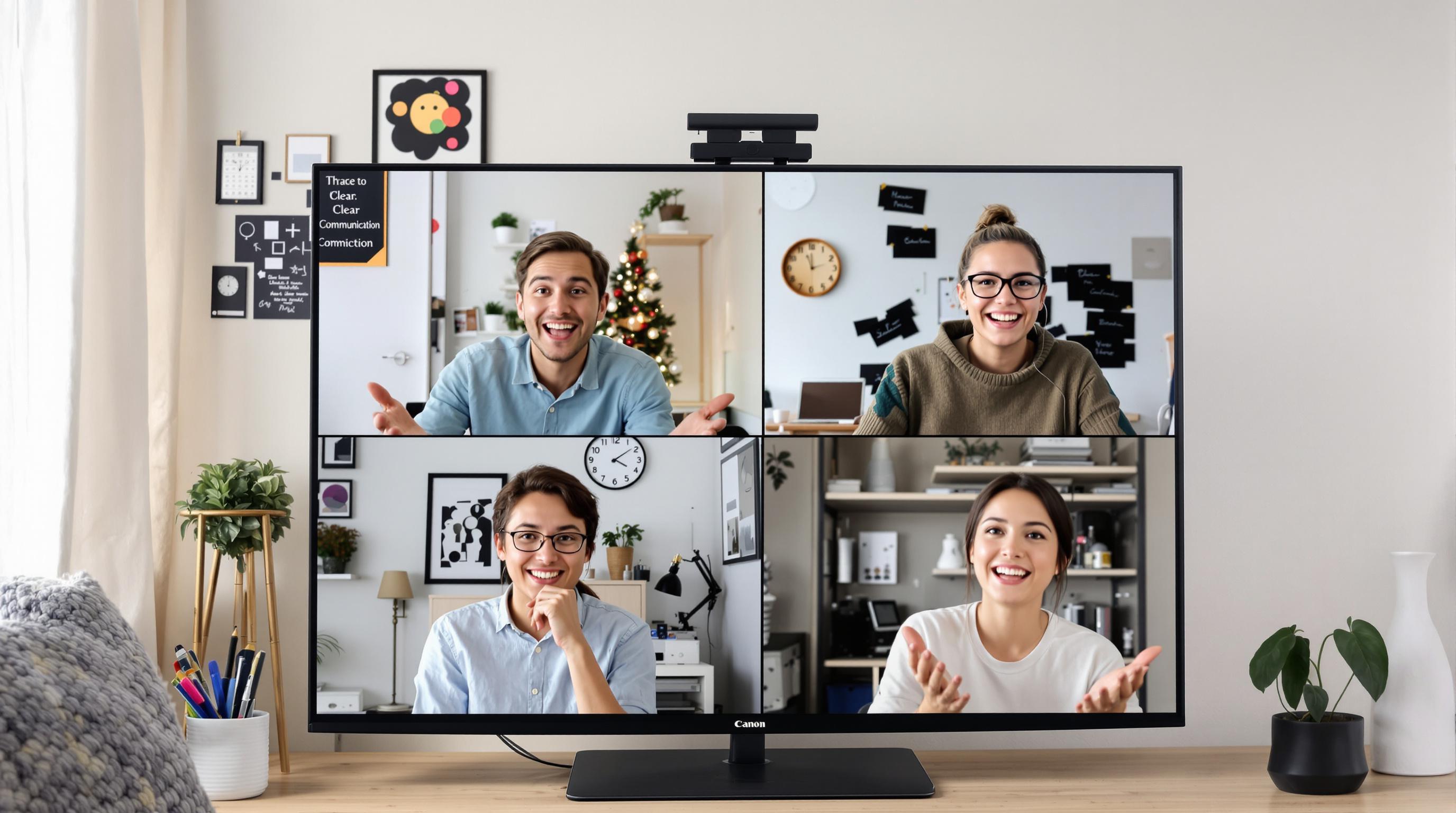 Four remote team members in split-screen video call with 'Clear Communication' poster