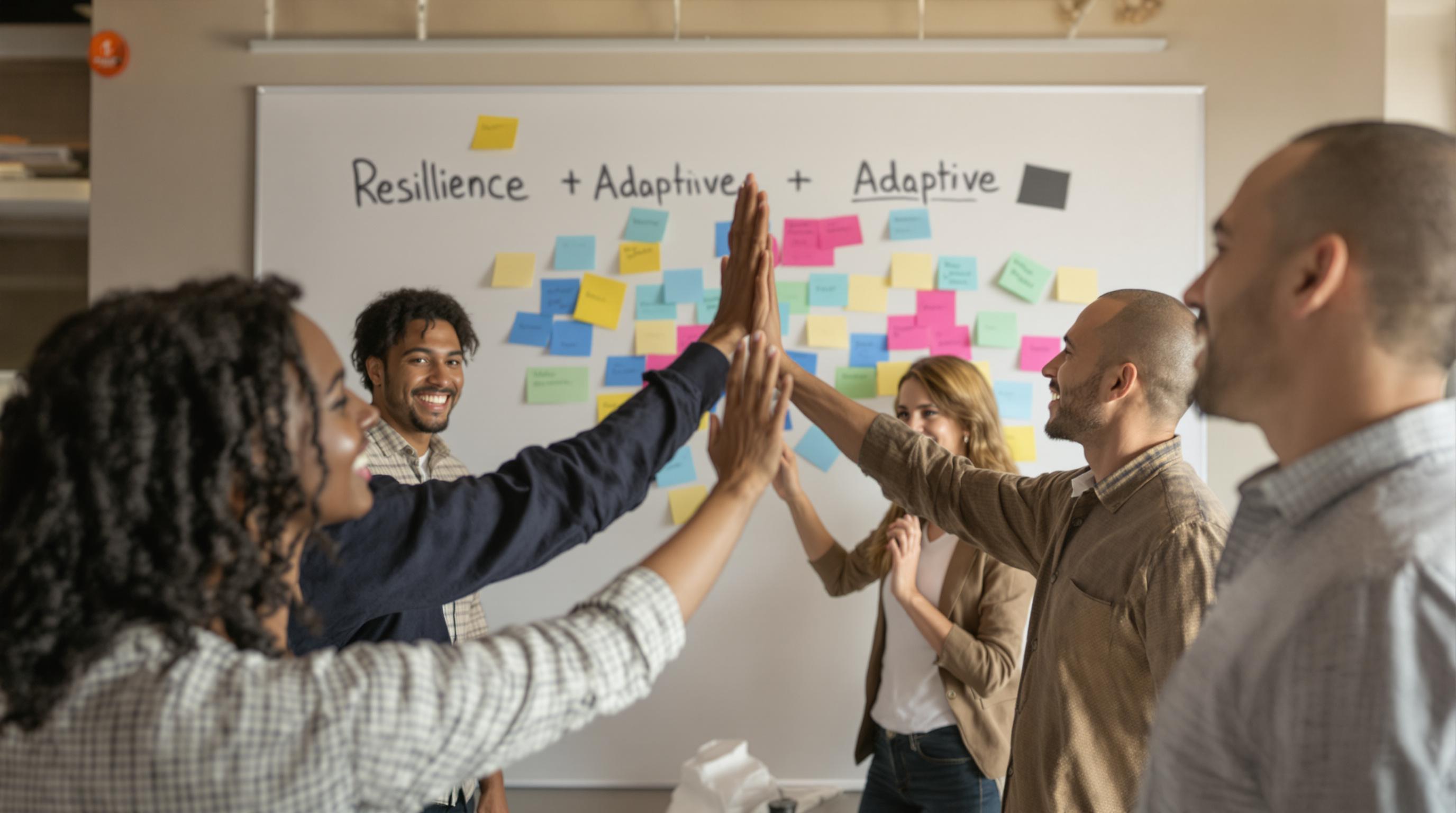 Team celebrates success with high-fives and resilience notes visible