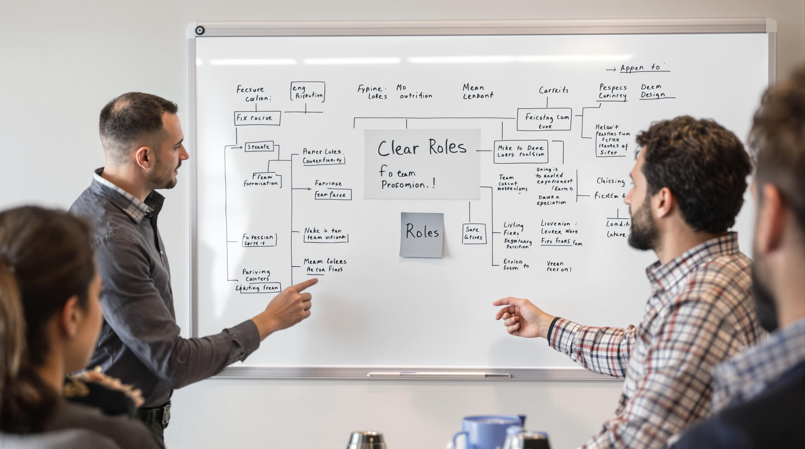 Team meeting with digital board showing 'Clear Roles' mapping