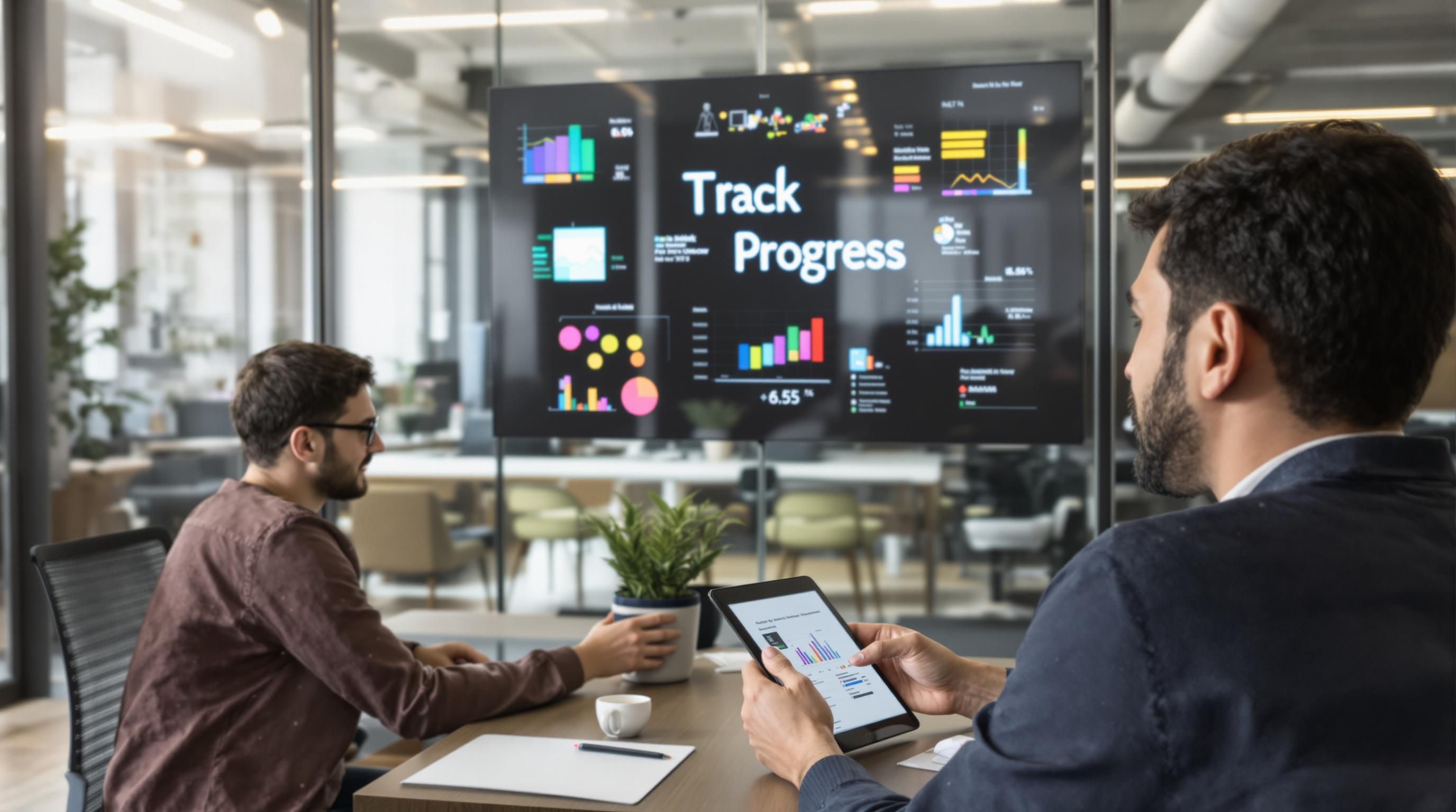 Freelancers collaborating, digital charts and 'Track Progress' visible in coworking space