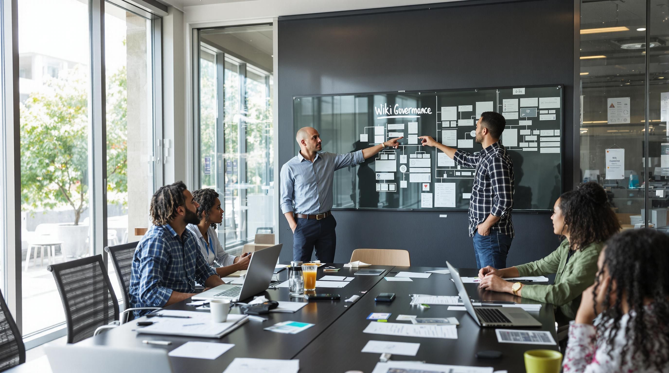 Employees mapping out wiki governance and roles on glass board in office
