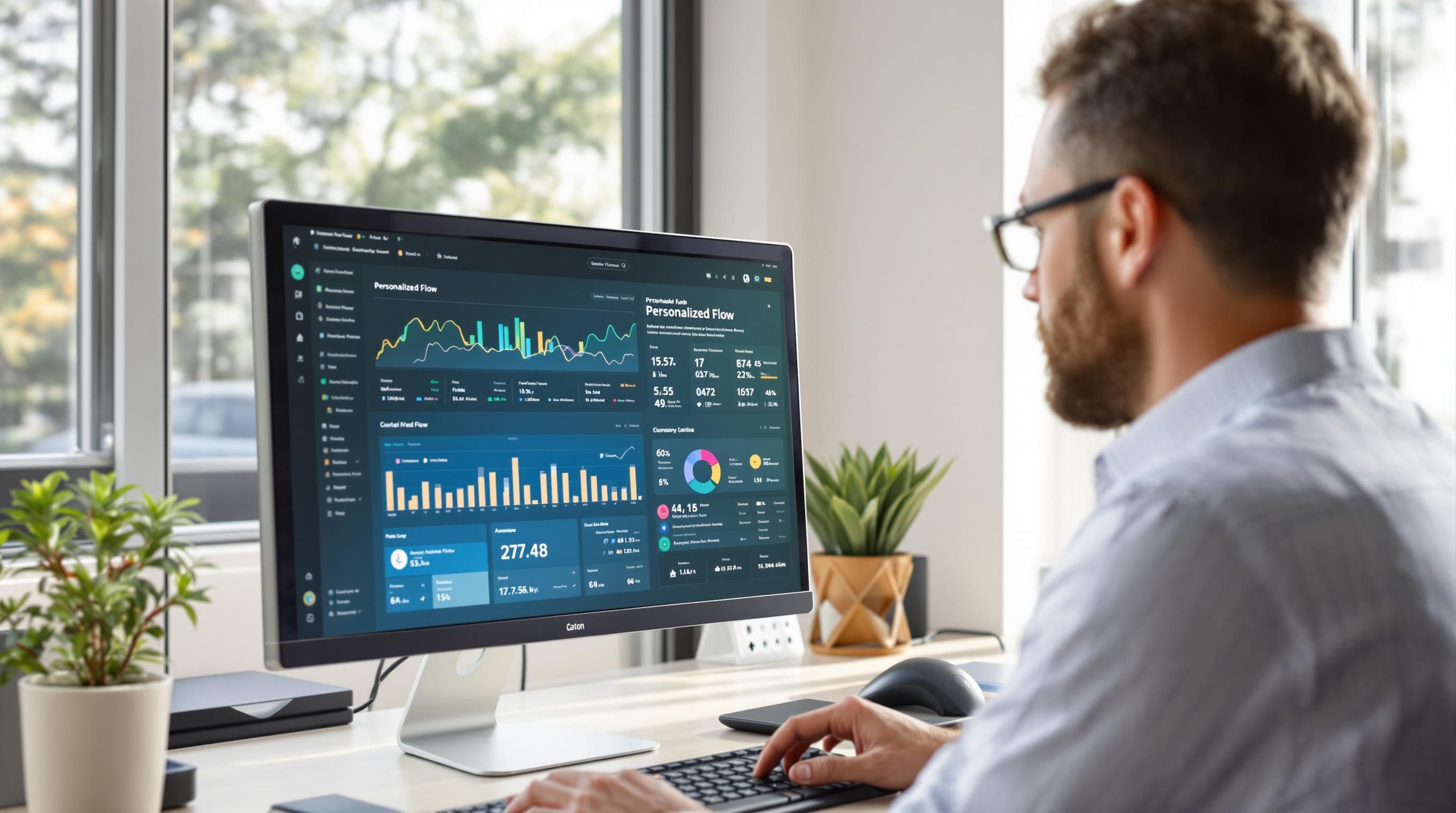 Professional reviewing AI personalized productivity dashboard in modern office