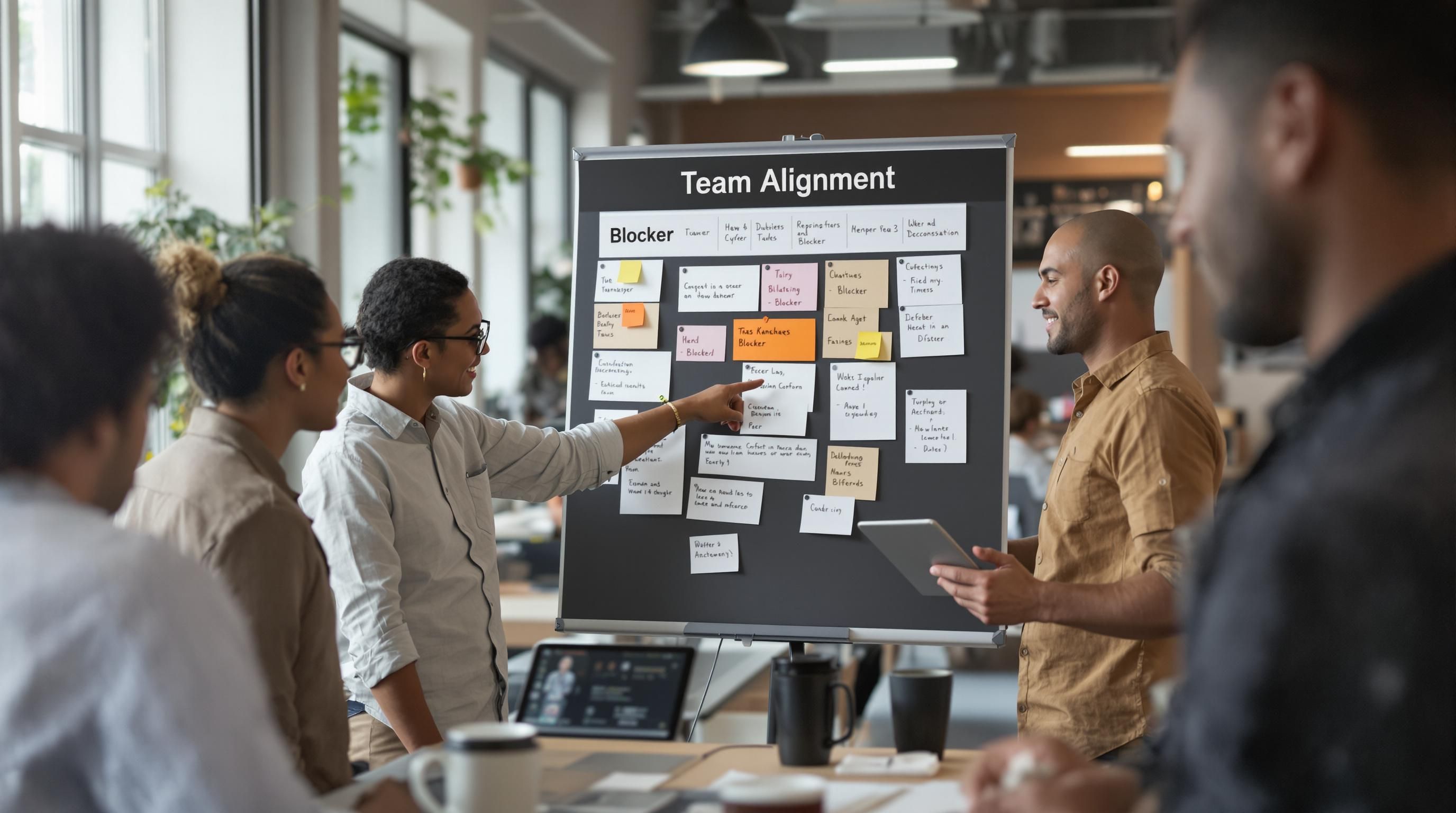 Team collaborates at Kanban board marked with 'Team Alignment' label