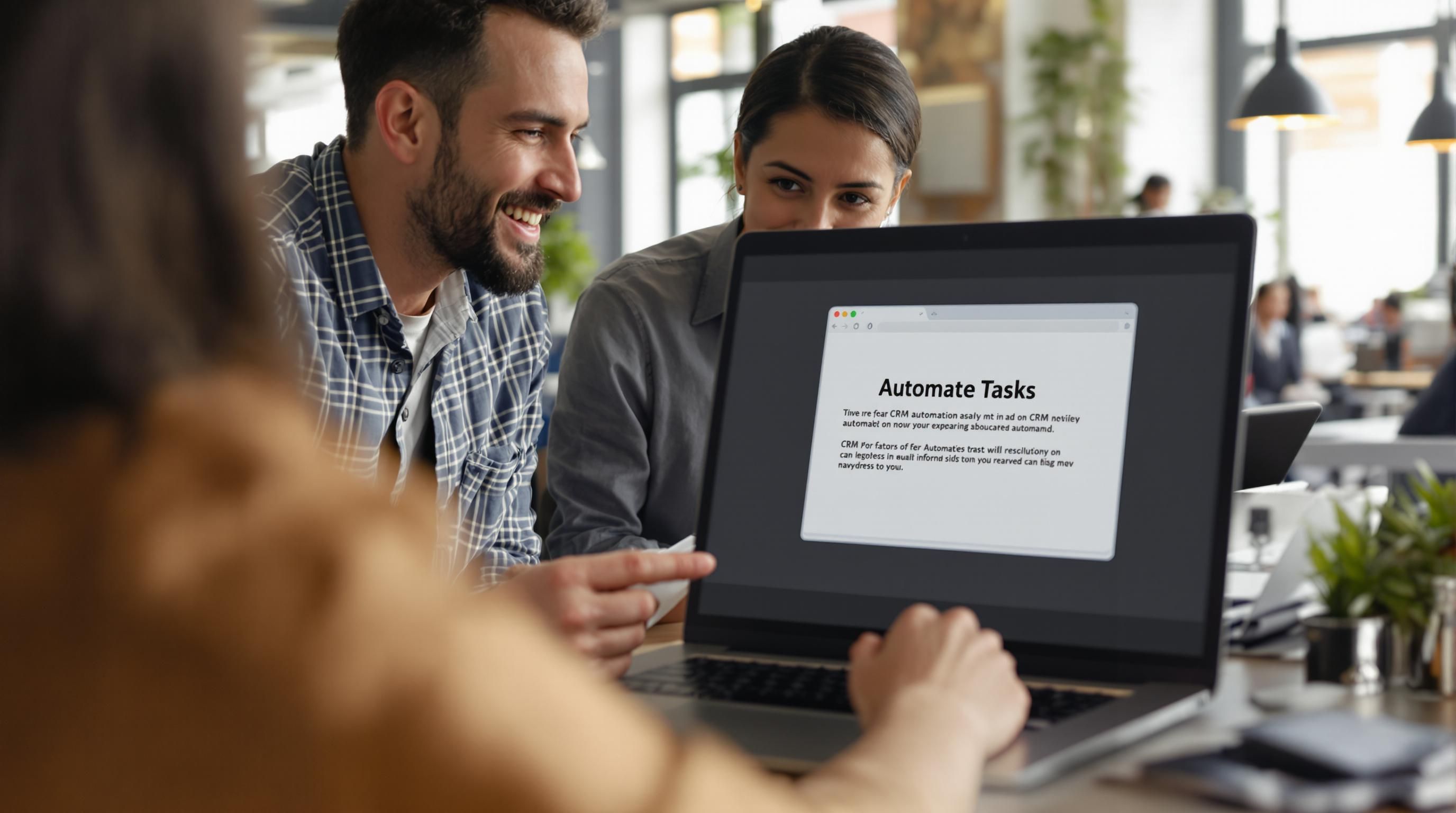 Coworkers using CRM automation alert in busy office