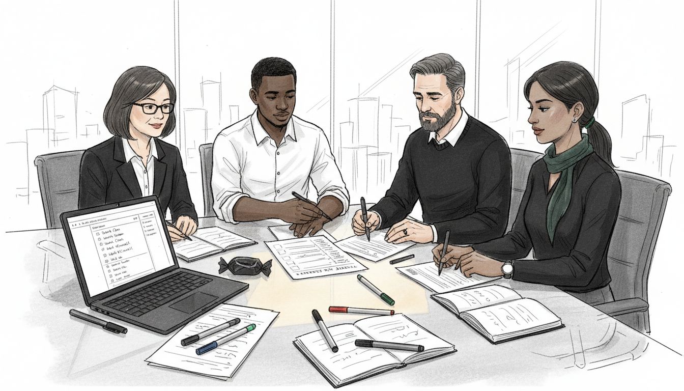 Team distributes project responsibility at table