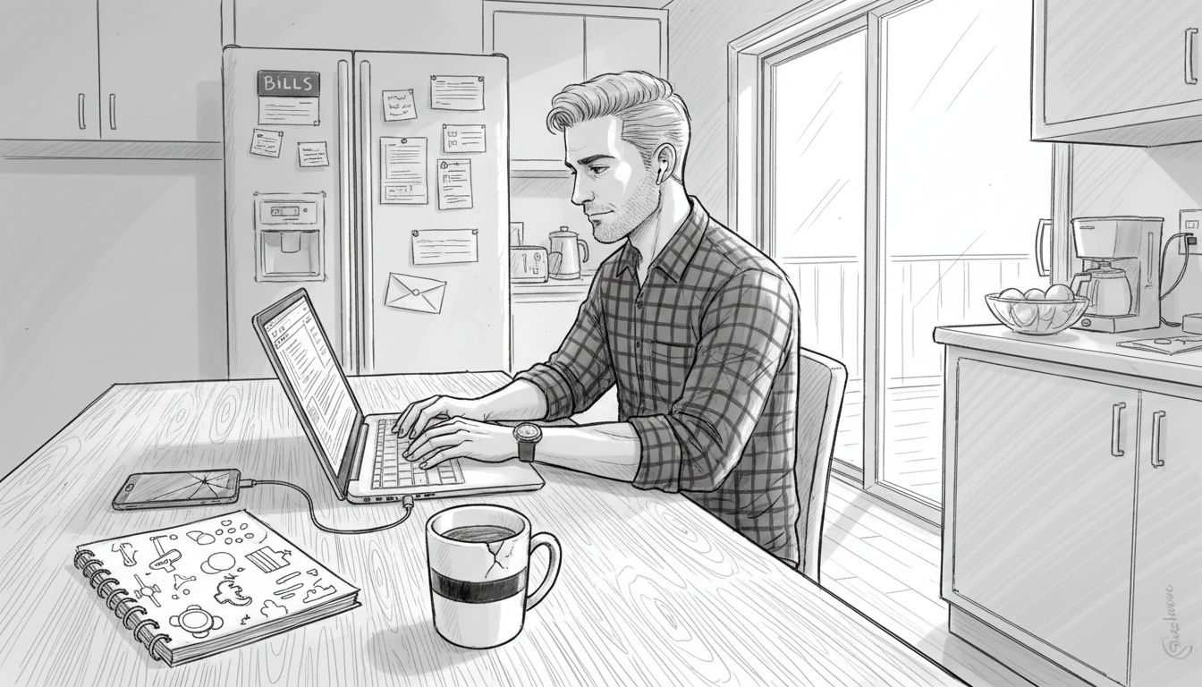 Multi-skilled freelancer at home kitchen table