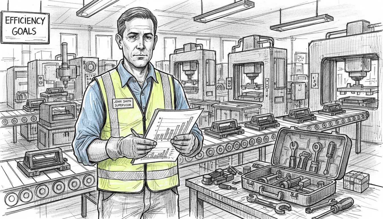 Supervisor checking manufacturing KPIs on factory floor